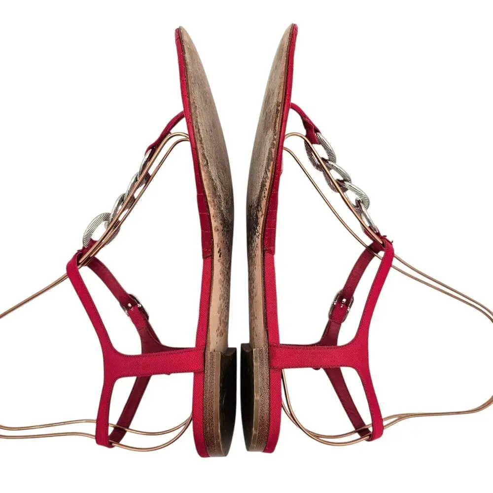 Chanel CC Chain Flat Thong Sandal Quilted Red Leather Silver Size 39 US 8 8.5